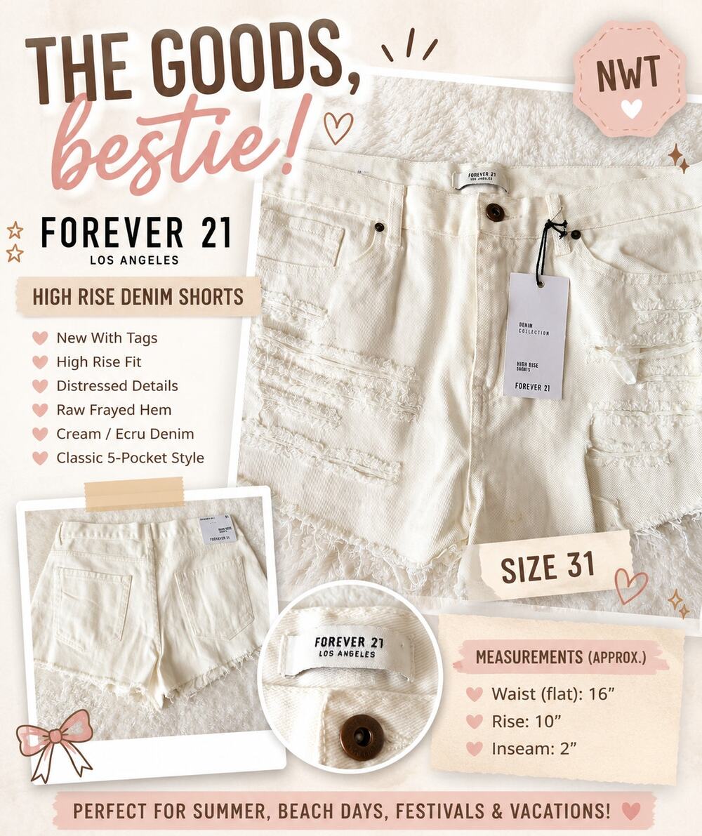 Forever 21 High Rise Distressed Cream Denim Shorts NWT Size 31 Raw Hem